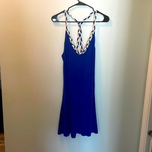 Venus, blue with gold/white halter strap details, short dress